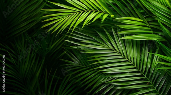 Fototapeta Vibrant Green Palm Leaves Forming a Dense Tropical Background with Contrasting Light and Shadows