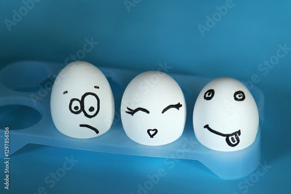 Obraz Three white eggs with funny emoji drawn on a blue background. Copyspace