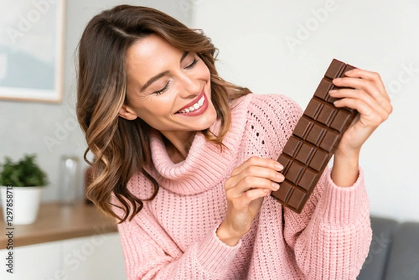 Fototapeta Happy young beautiful lady eating chocolate and smiling. Girl tasting sweet chocolate. Young woman with natural make up having fun and eating chocolate isolated on white background