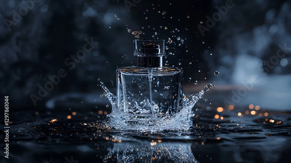 Fototapeta Perfume bottle and water splash on dark background Close-up photo with clean background.