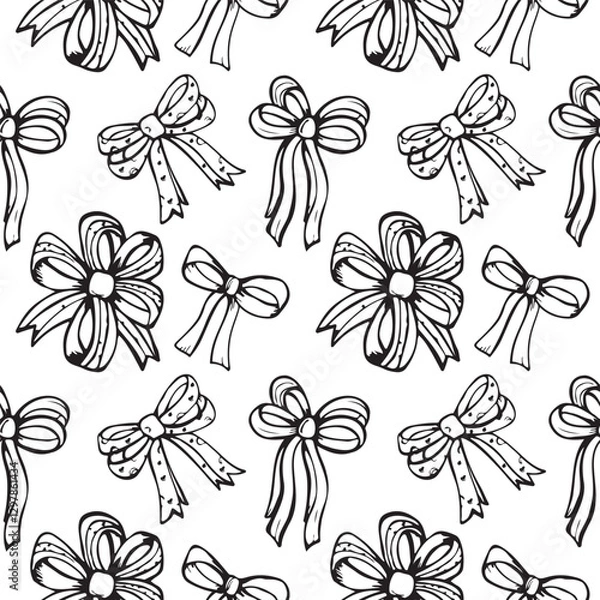 Fototapeta Seamless vector pattern with different bows drawn with black line. Doodle style. Design for wrapping paper, backgrounds, wallpapers.