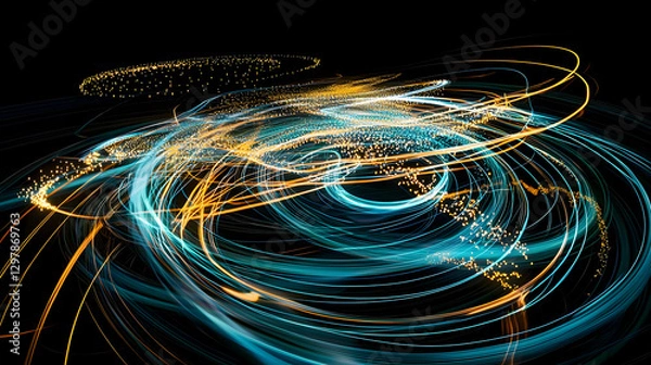 Fototapeta Abstract Digital Swirl with Glowing Blue and Orange Light Trails Against Black Background