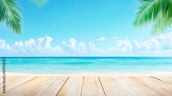 Obraz empty wooden walkway in the foreground, blurred sea in the background, copy space , for product presentation, summer