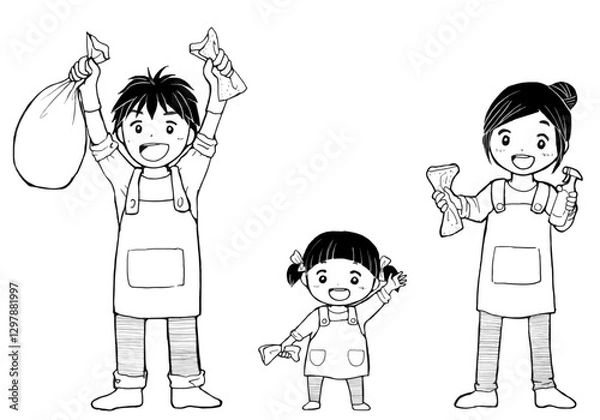 Obraz 掃除をする家族の全身イラスト　白黒　ベクター　親子