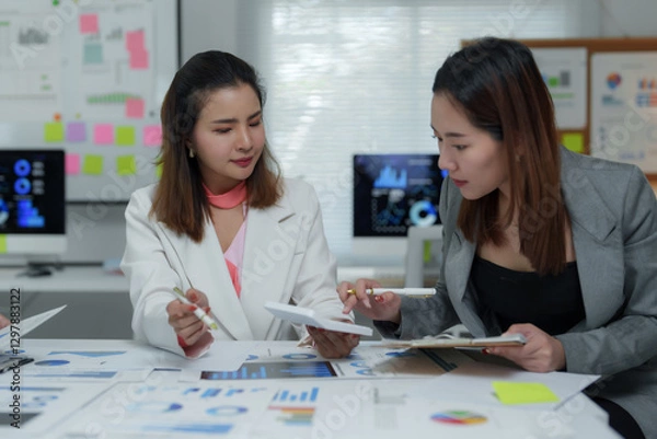 Fototapeta Businesswomen working together using calculator in office meeting analyzing charts and reports