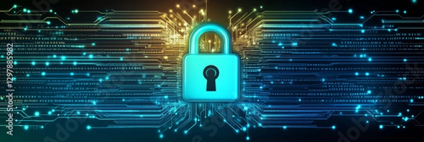 Obraz A glowing digital lock made of flowing binary code and circuit designs serves as the central focus of a LinkedIn background