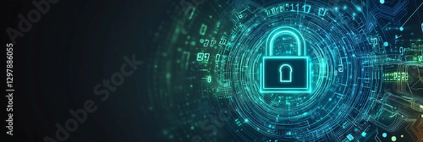 Obraz A LinkedIn background banner with a glowing digital lock formed from swirling binary code and digital circuits