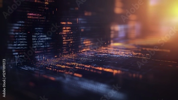 Fototapeta Abstract Coding Concept Depicted by Glowing Lines, Symbols and Gradient Lighting with Atmospheric Background