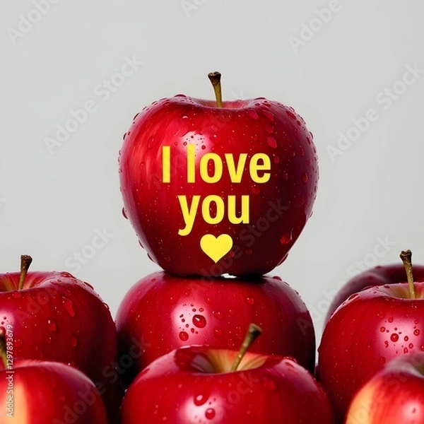 Obraz A close-up photo of several fresh red apples against a bright solid white background. On top of the pile of apples, one apple stands out with bright yellow text that reads 'I LOVE YOU' along with a he