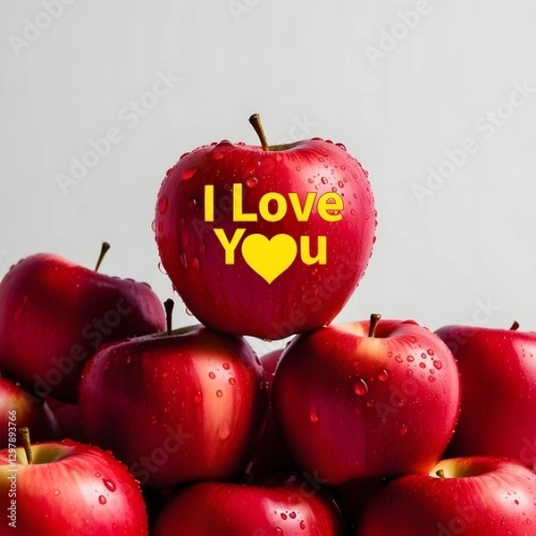 Obraz A close-up photo of several fresh red apples against a bright solid white background. On top of the pile of apples, one apple stands out with bright yellow text that reads 'I LOVE YOU' along with a he