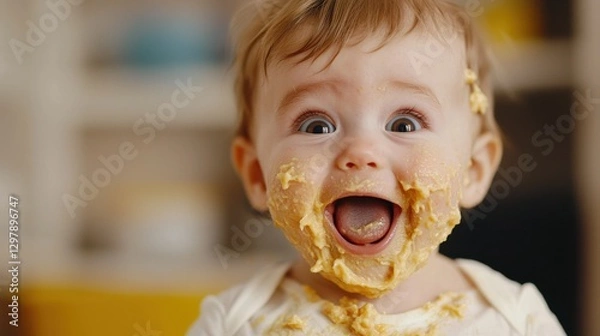 Fototapeta Happy Baby with Peanut Butter on Face Enjoying Messy Mealtime Experience in Bright Indoor Setting