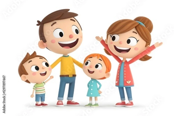 Fototapeta Cute 3D Smiling Family Set – Loving Parents and Cheerful Kids in Full-Body View