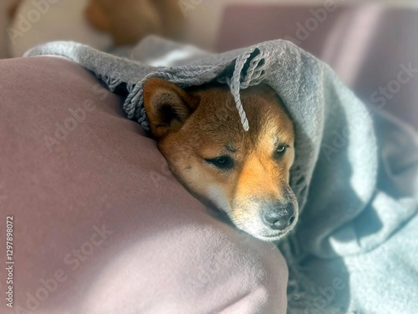 Fototapeta Pensive Shiba Inu with a sorrowful expression, head nestled under a blanket. The mood is reflective and contemplative. High quality close-up photo. copy space available.