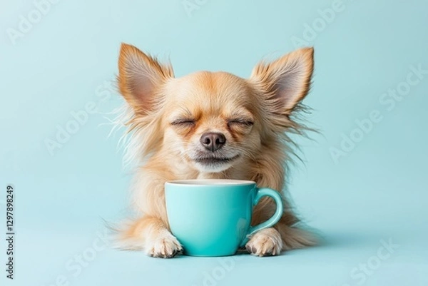 Fototapeta A small Chihuahua with closed eyes holds a turquoise coffee cup against a light blue background. This adorable image conveys relaxation, enjoyment, and the comfort of a warm drink.