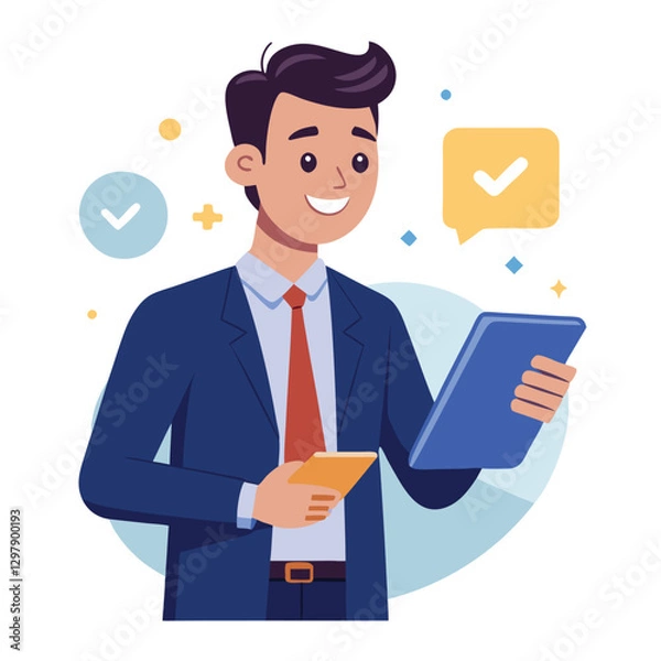 Fototapeta Man holding and using digital tablet computer. Tablet computer concept illustration. Vector illustration in cartoon style.