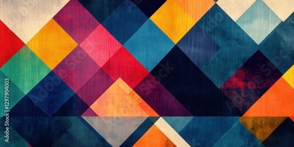Fototapeta A Vibrant Abstract Composition Featuring a Geometric Pattern of Multicolored Triangles with a Distressed Texture and Retro Style. Enhanced with Bold
