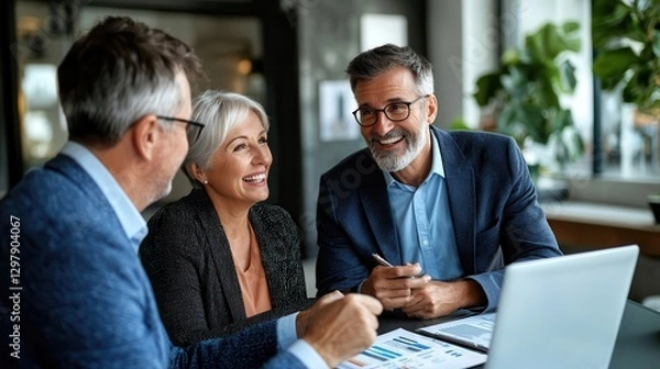 Fototapeta Retirement planning finance advisors guide. Business professionals collaborating in a modern office setting.