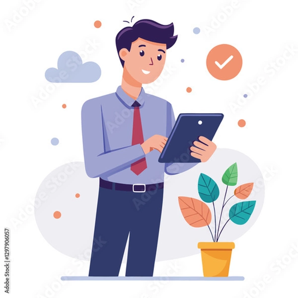 Fototapeta Man holding and using digital tablet computer. Tablet computer concept illustration. Vector illustration in cartoon style.