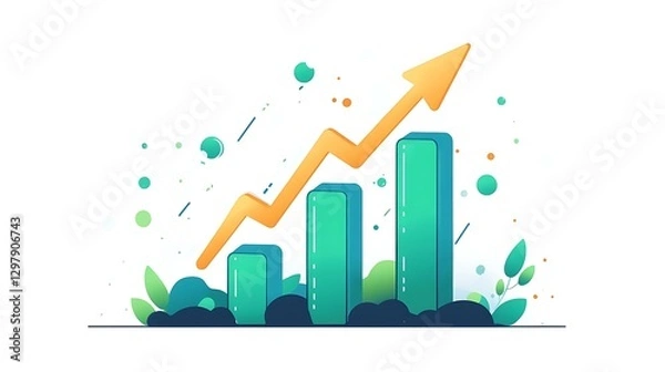 Obraz Green Growth and Progress in Nature, A green arrow graph rising from lush green plants, symbolizing growth and progress in nature