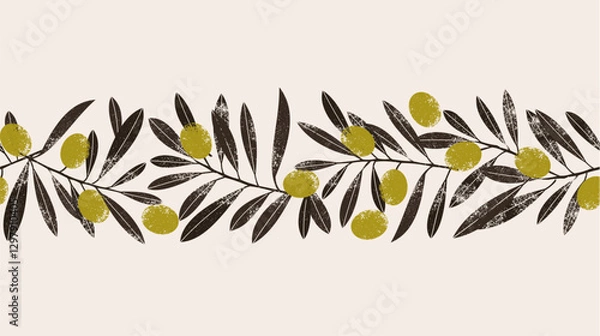 Fototapeta Olive tree branch border design. Olive berries and leaves seamless illustration. Vector illustration