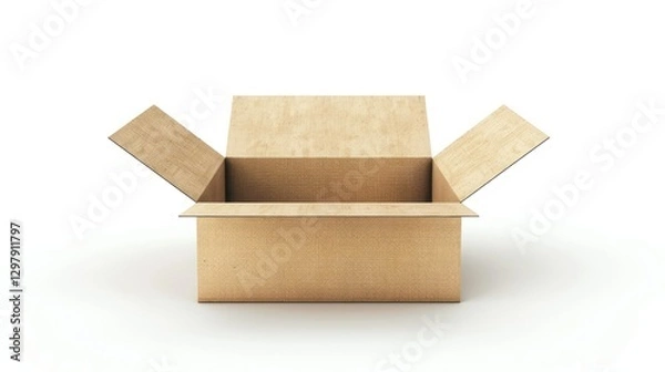 Fototapeta Front view an open brown empty cardboard box industrial package on white background. AI generated