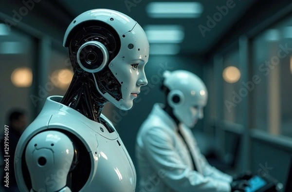 Fototapeta A robot doctor in a lab coat, with a stethoscope. The robot doctor is the future of medicine. Artificial intelligence, modern neural network technologies. mixed media