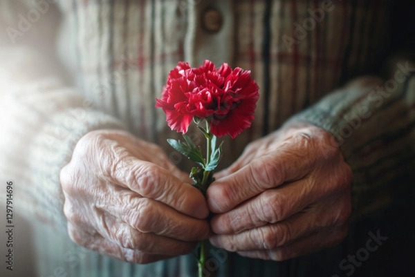 Obraz Old man holding a red carnationon flower. Remembering Carnation revolution of 25th of April of 1974, celebrating Freedom day of Portugal