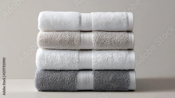 Fototapeta Soft luxury cotton towels in neutral colors for bathroom elegance