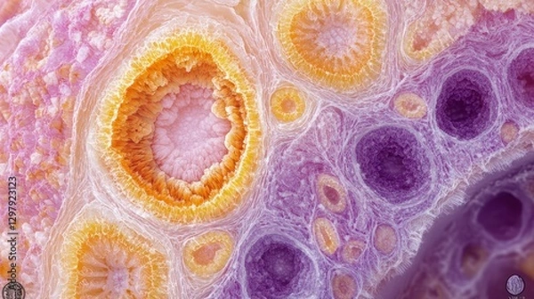 Fototapeta Detailed Cross Section of Cotton Stem Gossypium with Vibrant Colors and Structures Under Gigapixel Magnification