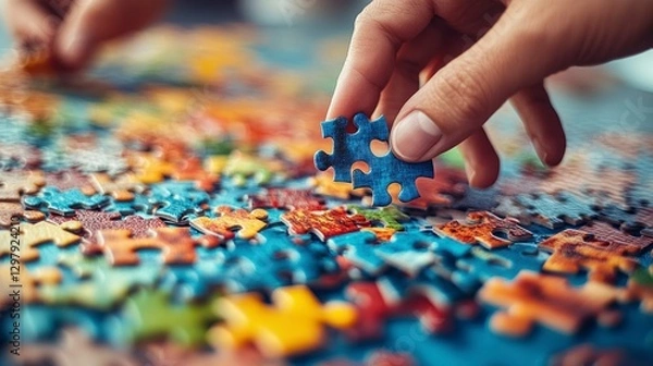 Fototapeta Engaged Employees Collaborate in Team Building Activity Using Colorful Puzzle Pieces for Enhanced Teamwork and Communication