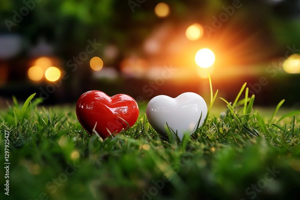 Fototapeta Two heart-shaped symbols of love resting on fresh grass with a warm glow.  