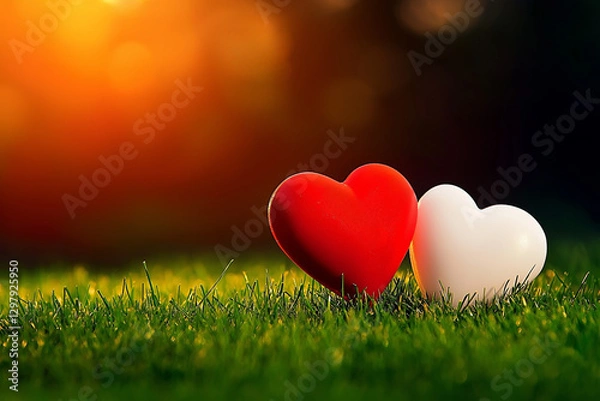 Fototapeta Two heart-shaped symbols of love resting on fresh grass with a warm glow.  