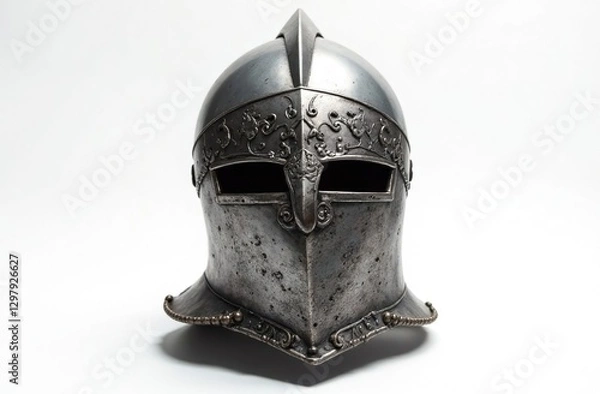Fototapeta A detailed model of a medieval knight's helmet made of polished steel with intricate engraving on a white background - without shadows