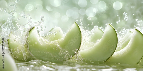 Fototapeta Refreshing and Sweet Green Melon Slices with Crisp Texture and Vibrant Color in a Beautifully Lit Natural Setting

