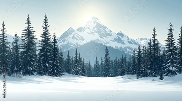 Fototapeta Snowy Mountain Landscape with Evergreen Forest Serene Winter Scene of Mountain Range under a Bright Sky with Trees and Snow
