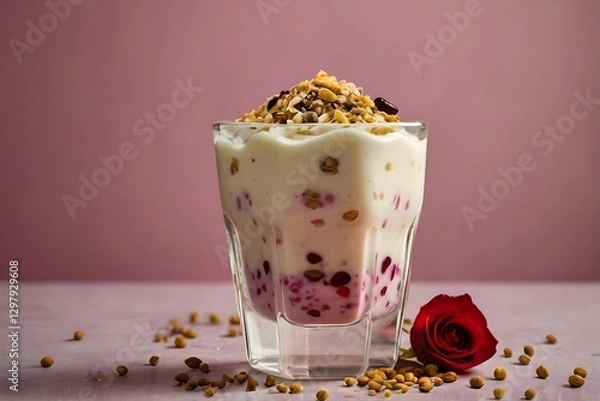 Fototapeta Colorful falooda with ice cream and seeds in tall glasses on a light background