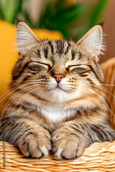 Fototapeta Relaxed tabby cat resting in a wicker basket, cozy home environment,  perfect for pet lover's ad or website