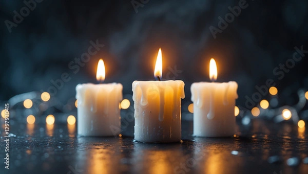 Fototapeta  Burning Candles with Warm Glow, Soft Light and Bokeh Background, Cozy Atmosphere, Peaceful Ambience, Romantic Mood, Meditation, Spiritual Symbol, Relaxation, Tranquil Night, Warm Candlelight