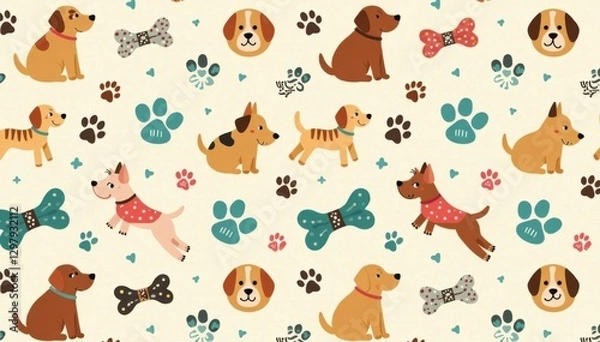 Fototapeta Cartoon dog bone and paws doodle Seamless dog breed pattern Isolated wallpaper Background, cartoon dog, seamless pattern, dog art