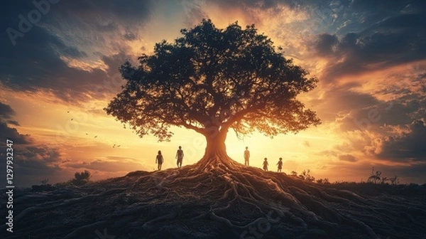 Obraz A family tree with roots spreading outward and branches reaching skyward 