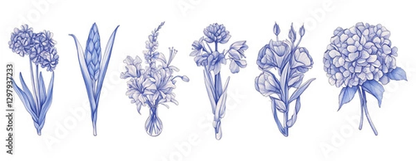 Fototapeta Bundled Collection set of flowers line art paintings.