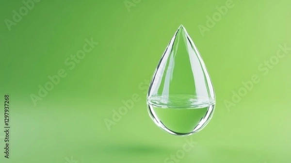 Fototapeta Clear Water Droplet Suspended on a Soft Green Background