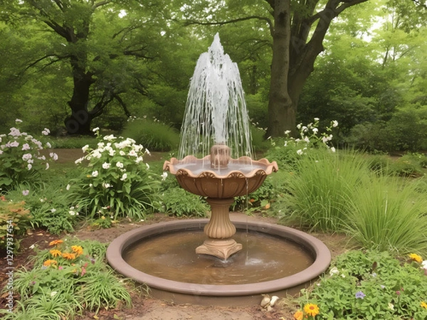 Obraz a fountain in a garden surrounded by flowers and trees and bushes and a few trees and bushes around it, Cherryl Fountain, arts and crafts movement, unreal engine 5 highly rendered, a tilt shift photo