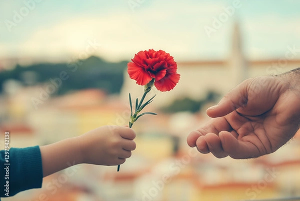 Obraz Kid giving a red carnation flower to his father on Freedom day of Portugal. Remembering Carnation revolution of 25th of April of 1974