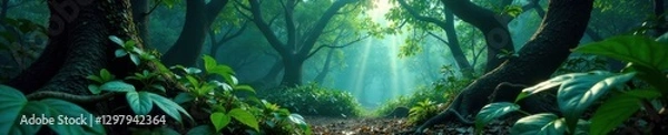 Fototapeta Dark forest with twisted vines and exotic leaves , eerie, nature, shadows