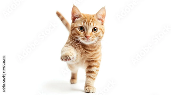 Fototapeta Pure youth crazy. Orange cat is posing. Cute playful Orange tabby cat or pet is playing and looking happy isolated. Concept of motion, action, movement.