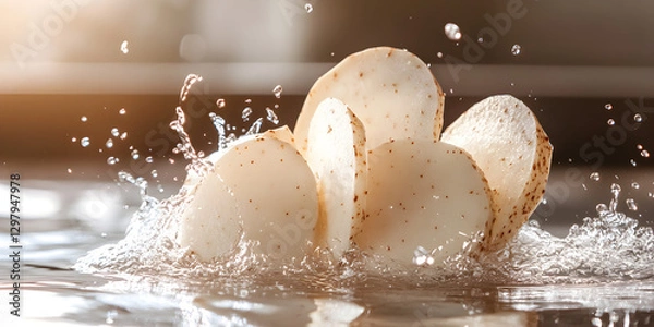 Fototapeta Fresh and Crunchy White Root Vegetables Sliced and Captured in a Dynamic Water Splash for a Crisp and Refreshing Aesthetic

