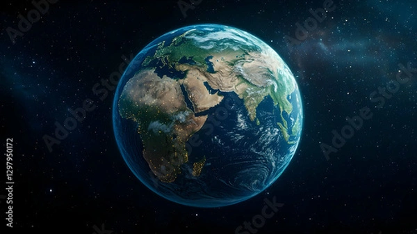 Fototapeta Pixelated Earth Globe In Space Showing Continents And City Lights Illuminated Against A Starry Background