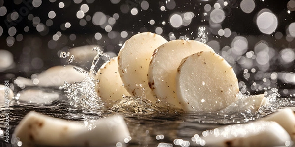 Fototapeta Fresh and Crunchy White Root Vegetables Sliced and Captured in a Dynamic Water Splash for a Crisp and Refreshing Aesthetic


