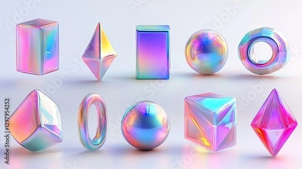 Fototapeta 3D iridescent icon cut-out element set.